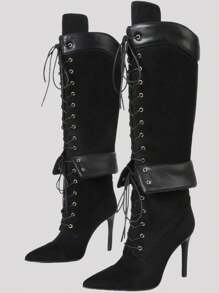 Y2K Style Luxury Fashion Women's Over Knee Boots Pointed Toe Lace Wide Calf Zip Stiletto Heel Shoes Motorcycle Dressy Party Boots - 黑色 - 查看 2