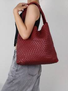 New Stylish Minimalist Chic Design Braided Tote Bag, Bucket Bag, Shoulder Bag, Underarm Bag, Retro Style, Suitable For Office Work, Commute, White Collar, Student, Adorable Dopamine Color Series - 酒紅色 - 查看 7