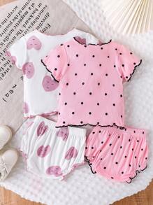 4pcs Set (2 Tops + 2 Pants) Cute Polka Dot & Heart Print Comfortable Lightweight Summer Loungewear - Multicolor - View 2