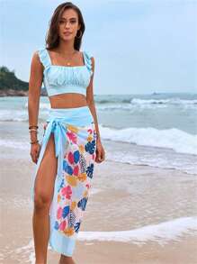 Women 2 Pieces Tankini Swimsuits Fly Sleeve Padded Tank Tops And Floral Print High Waist Shorts Bottoms Beach Bikini Set - 藍色 - 查看 3