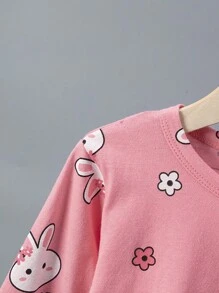 2 件装年轻女孩轻便 3/4 袖卡通印花睡衣套装、睡衣七分裤套装、春夏 - 彩色 - 查看 8