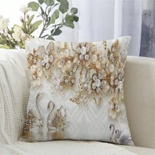 2 stuks pluche stoffen klassieke elegante decoratieve kussenslopen, ruitvormig bloemen- en zwanenpatroon, geschikt voor woonkamer en slaapkamer bank en stoelen (inzetstukken niet inbegrepen), 45x45cm