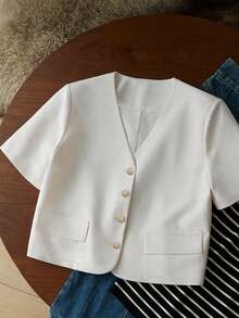 Women's Casual Linen V-Neck Loose Short Sleeve Blazer Jacket, Suitable For Spring/Summer Vacation - White - View 4