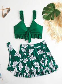 Conjunto De Bikini De Color Sólido Con Volantes De Un Hombro Y Parte Inferior De Bikini Con Impresión Al Azar, Con Cubierta De Falda,Traje De Baño Bikini Para Mujer 3 Piezas