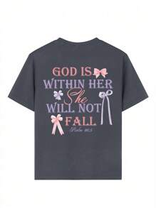 Tween Girl Bow & Letter Print Round Neck Short Sleeve T-Shirt, Summer Top - Dark Grey - View 5