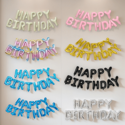 13 件套生日快乐字母铝箔气球，银色、金色、蓝色，横幅吊旗，派对装饰品