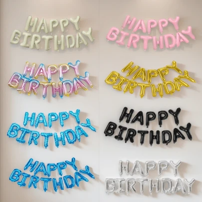 13 件套生日快乐字母铝箔气球，银色、金色、蓝色，横幅吊旗，派对装饰品