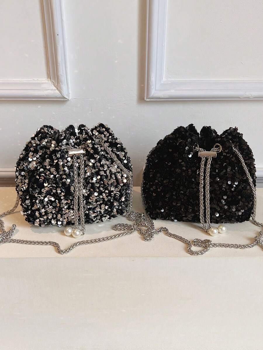 1 件时尚个性亮片包水桶包时尚单肩包斜挎包晚宴包，采用时尚亮片设计，小众时尚百搭链条水桶包，单肩斜挎时尚网红晚宴包，适合女生外出逛街，日常使用，馈赠亲朋好友的礼物 - 亮片包 - 查看 1