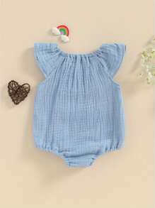 Baby Girl Boy Summer Cotton Linen Romper Clothes Basic Plain Ruffle Sleeveless Comfy Rompers Newborn Tops - 藍色 - 查看 2