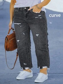 Plus Size European And American Street Style Casual Loose Personalized Women Distressed Tapered Jeans - Dark Grey - View 1