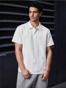 Men's Popular Personalized Solid Color Elastic Wheat Jacquard Turn-Down Collar 4/1 Half-Button Short Sleeve Polo Shirt, Simple And Elegant Fit Suitable For Casual, Fashionable, Outdoor, Commuting, Street Style, New Summer Top