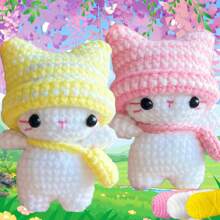 Kit de ganchillo Amigurumi DIY para principiantes con tutorial en video paso a paso e ilustración con versión de texto fácil de entender y aprender a tejer un gato de peluche con sombrero. Kit de ganchillo de animal sencillo con accesorios de colores aleatorios, perfecto como regalo creativo para festivales y cumpleaños