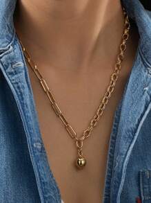 1 件女士简约设计小众时尚高端休闲百搭双链球吊坠项链，适合日常通勤和派对 - 金色 - 查看 6