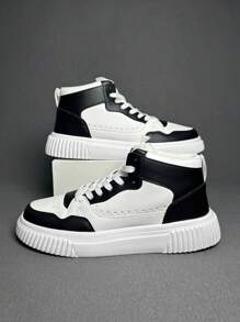 New Men High-Top Lace-Up Casual Sports Sneakers, Round Toe Comfortable Lightweight Versatile Soft Bottom Lace-Up Low-Top Outdoor Casual Sports Shoes, Suitable For New Year Outfits And Festivals - Black and White - View 4