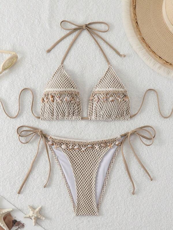 Neuer Muschel- & Seestern Prinzessin sexy Mesh Seil wilder Strand Urlaubs-Stil Neckholder Binden Riemen Bikini Badeanzug für Frauen, empfindsamer rückenfreier Badeanzug