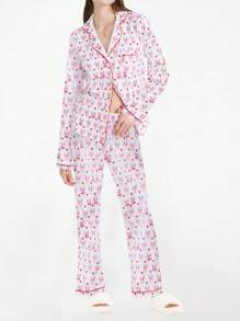 Women 2 Piece Easter Outfits Pajamas Sets Y2k Cute Bunny Print Long Sleeve Button Down Shirt Tops And Elastic Waist Wide Leg Long Pants Set Beach Vacation Streetwear Clothes Sleepwear Lounge PJs Sets