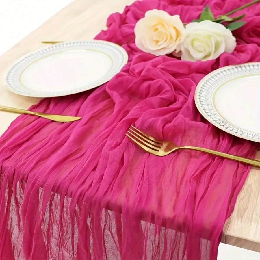 1 pièce Rose rouge Style balinais Chemin de table plissé - Gaze polyester torsadée bohème, parfait pour Noël, mariages et fêtes d'anniversaire