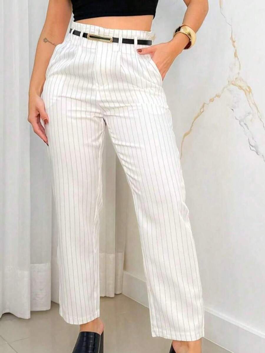 Women's Striped Tailored Trousers, Pantaloons With Belt, Elegant Fashion - 白色 - 查看 1