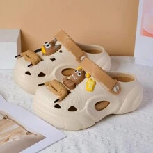 女士厚底穿孔一脚蹬凉鞋，时尚厚底可爱系带卡通沙滩拖鞋，适合春夏秋季
