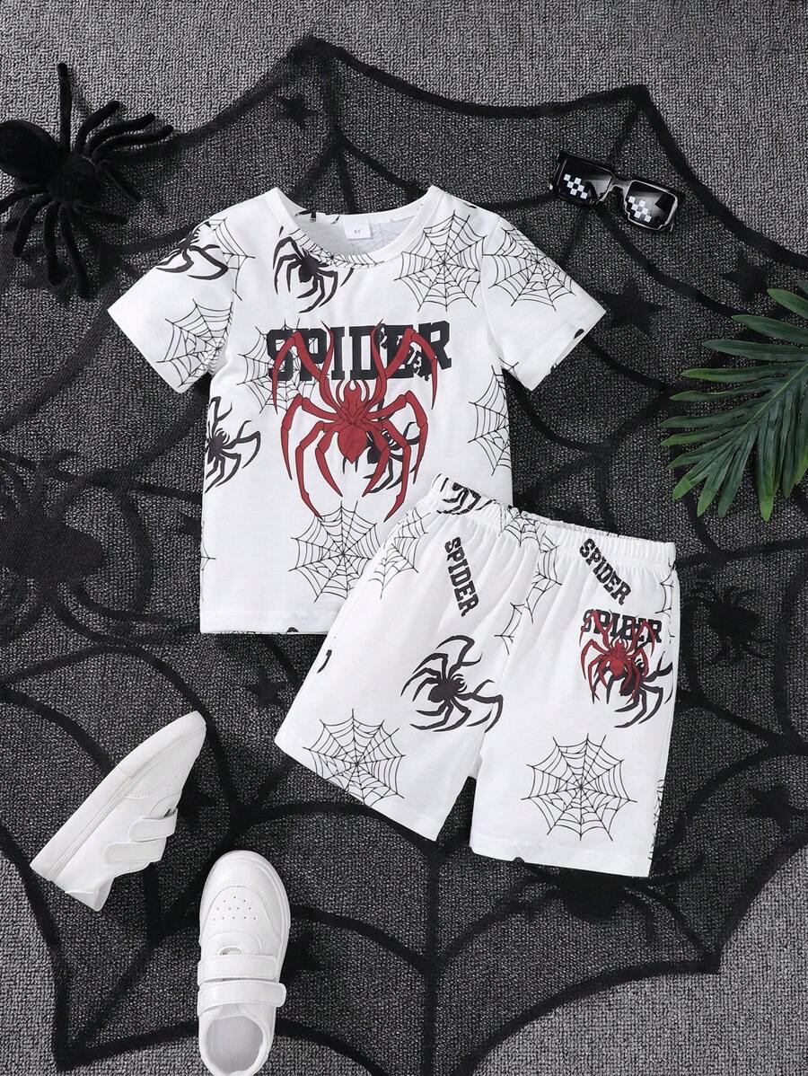 2pcs/Set Summer Kids Boys Spider Printed Short Sleeve T-Shirt And Shorts Outfit, Lightweight Tops & 3/4 Pants Set - White - View 1