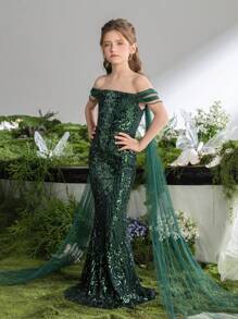 女童露肩珠饰亮片美人鱼尾派对礼服