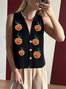 Womens Halloween Sweater Vest Pumpkin V Neck Sleeveless Button Down Knitted Cardigan Casual Streetwear - Orange - View 2