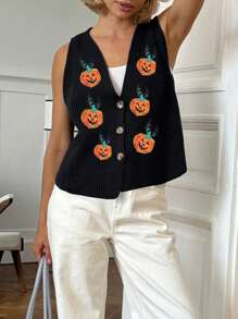 Womens Halloween Sweater Vest Pumpkin V Neck Sleeveless Button Down Knitted Cardigan Casual Streetwear - Orange - View 4