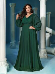 QOQ Elegant Dark Green Plus Size V-Neck Lantern Sleeve Faux Pearl Decoration Waist Gown Dresses, Party Dress, Wedding Guest Dress, Formal Dress, Evening Dress