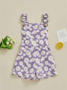 Kids Girls Jean Overalls Daisy Print Sleeveless Adjustable Strpas Imitation Denim Shortall Summer Romper Jumpsuit - 紫羅蘭 - 查看 2