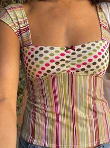 Women Y2k Slim Fit Crop Tank Tops Classic Plaid Stripes Polka Dot Print Sleeveless Square Neck Vest Shirts Summer Sexy Low Cut Going Out Cami Tops Casual Club Streetwear Aesthetic Clothes