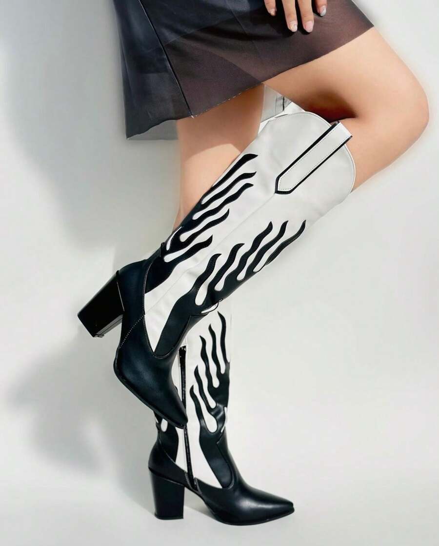 BOTAS LARGAS PARA MUJER. BOTAS NEGRAS PARA DAMA - Blanco y Negro - Ver 1