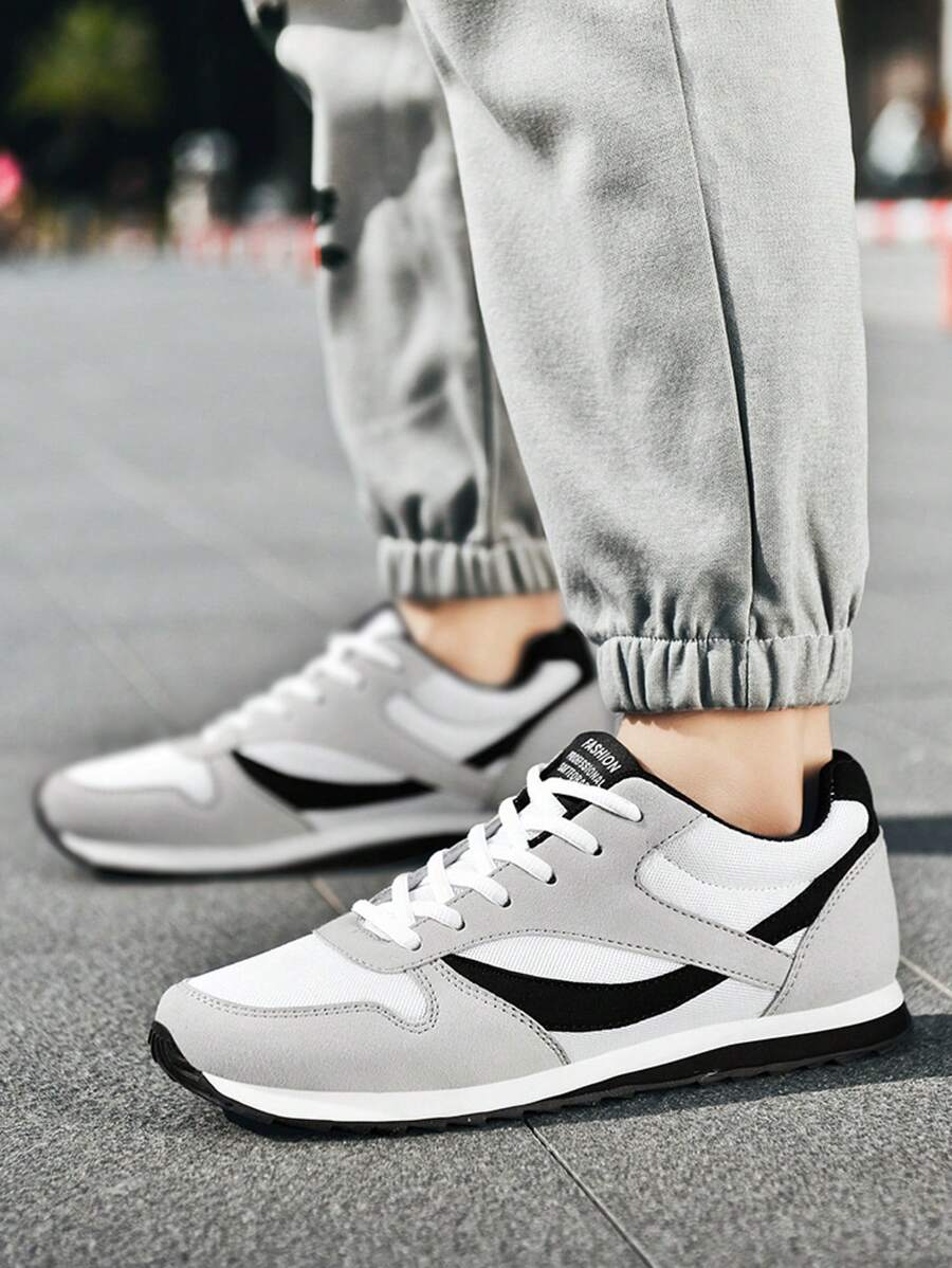 Men's Casual Outdoor Sport Shoes, Solid Color, Versatile, Breathable, Anti-Slip, Fabric Mesh Low-Top Lace-Up Low Heel Sneakers - Black and White - View 1