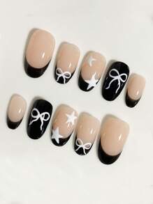 10 sztuk ręcznie robionych nakładek do manicure, owalne, japoński styl, białe paznokcie, minimalistyczny urok, ręcznie malowane gwiazdy i kokardy, czarne paznokcie, urocze sztuczne paznokcie, francuskie paznokcie typu stiletto, codzienne noszenie, artykuły do paznokci, paznokcie ślubne, paznokcie dla początkujących, odpowiednie dla kobiet na każdą okazję, zdobienie paznokci