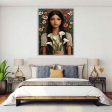 Affiche murale sur toile, femme avec lys, peinture murale pour décoration murale principale, cadre intégré, peinture murale pour salle de bain, chambre à coucher, bureau, salon, décoration murale de la maison (blanc)