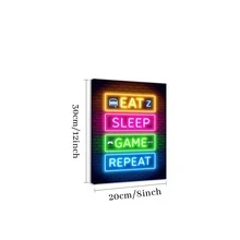1pc Framed Canvas Poster, Neon Sign With Eat Sleep Game Repeat Text And Related Icons Wall Art Canvas Paintings, Ideal Gift For Bedroom Living Room Corridor, Wall Art, Room Decoration