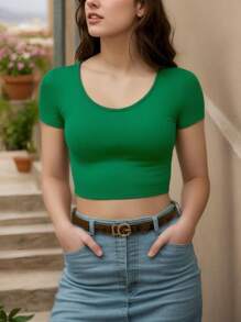 GEREARC Women's Short Sleeve Scoop Neck Crop Top Casual Comfy Tee - màu xanh lá - Xem 1