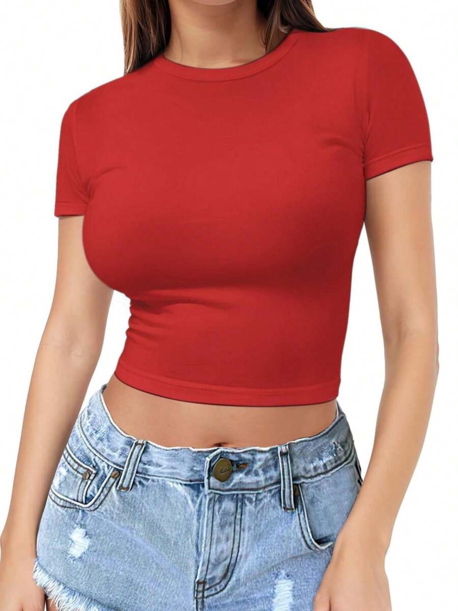 GEREARC Womens Slim Fitted Crop Tops - Basic Crew Neck Short Sleeve Basic Tees For Going Out - Đỏ - Xem 1