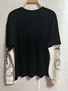 Y2K Graphic Print & Contrast Color Panels 2 In 1 T-Shirt - Black - View 4