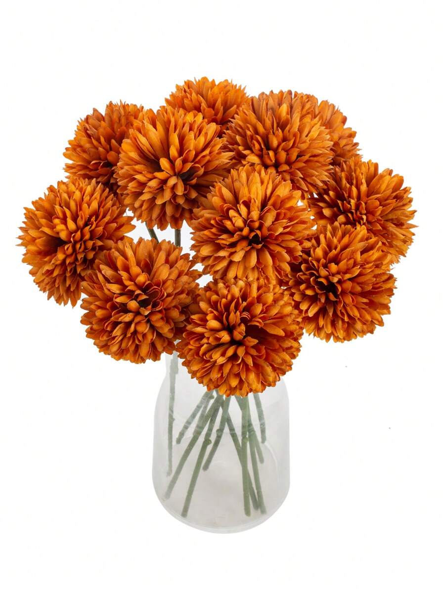 1/5/12pcs Artificial Chrysanthemum Flower Balls, Embroidered Floral Balls, Wedding Decor, Home Vase Decor, Restaurant/Living Room/Bedroom Floral Arrangement, Bridal Bouquet, Wrist Corsage, Boutonniere, Birthday Party Decor, New Year/Valentine's Day/Graduation Gift - Coffee Brown - View 1