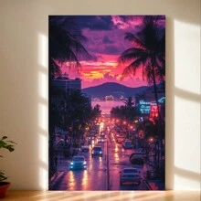 Framed Street At Sunset Wall Art, Cars And Asphalt Road, Modern Urban Scene Artwork,Room, Living Room, Kitchen, Bathroom And Other Decoration, Suitable For Valentine's Day, Halloween, Christmas, New Year And Other Holiday Decoration - Framed - View 1