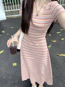 Spring/Summer Dopamine Colorful Striped Round Neck Short Sleeve Fitted Waist Long Dress For Women