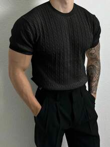 Men's Short Sleeve Twist Rope Crew Neck Knitted Sweater, Summer - Black - View 3