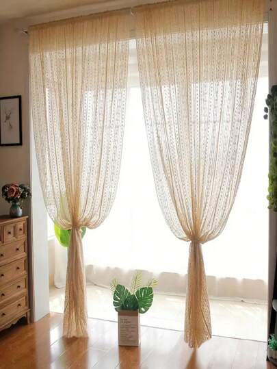 2pcs/Set Bohemian Beige Sheer Curtains, Suitable For Living Room Rod Pocket, Semi-Transparent Curtains, Geometric Cottage, Farmhouse Bedroom, Nursery Decor, Bohemian Sheer Curtains