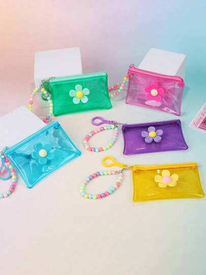 Colorful Transparent Coin Purse, Floral Beads Chain Children Solid Color Keychain Pouch, Mini Storage Bag