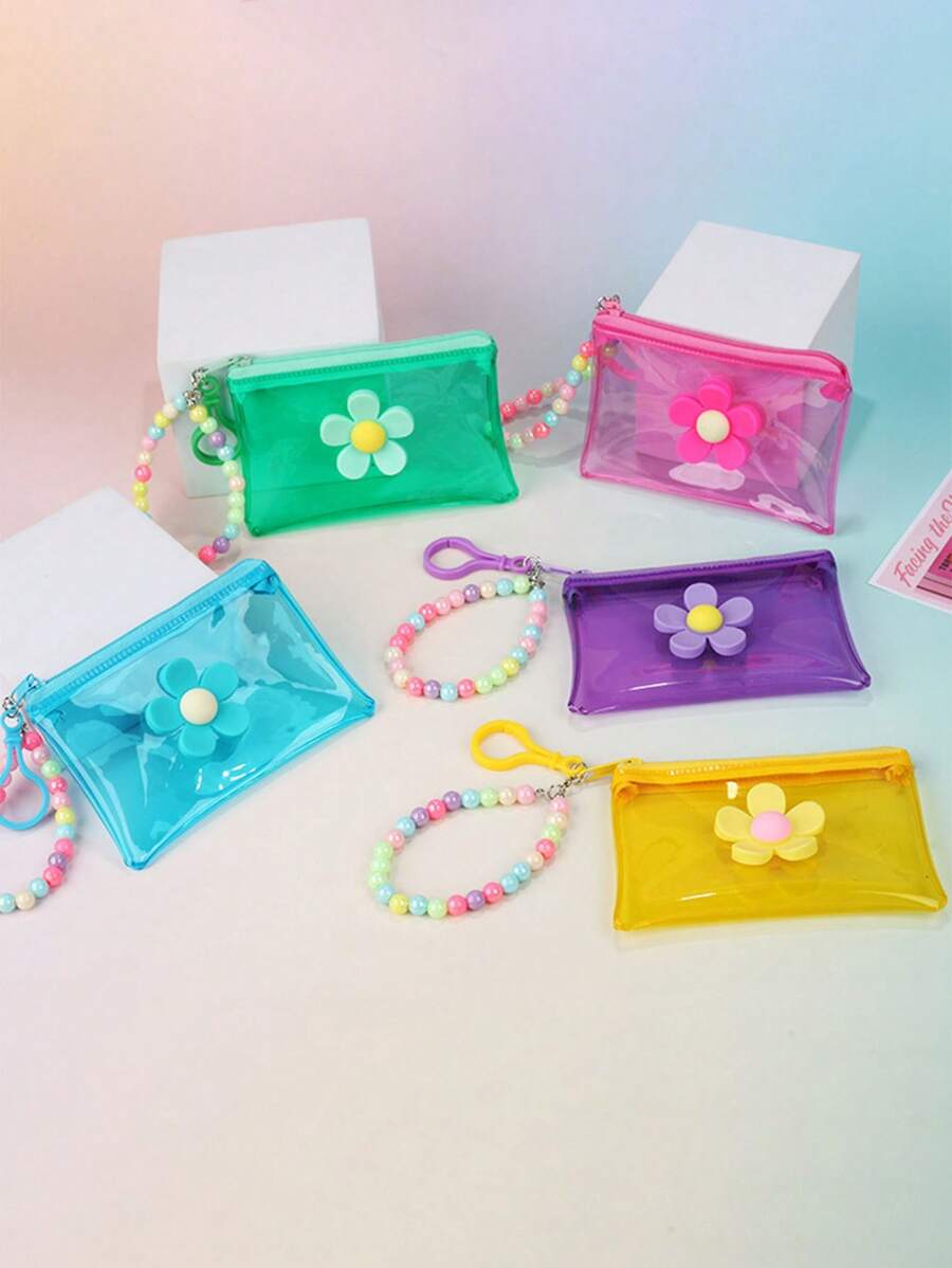 彩色透明零钱包，花卉串珠链儿童纯色钥匙扣袋，迷你收纳袋