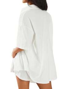 Women Casual Clothes Set Summer Solid Color 3/4 Sleeve Button-Up Shirts Tops And Drawstring Shorts Outfits - sữa - Xem 2