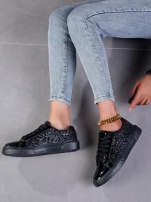 Women's Patchwork Sequins Casual Sneakers, Fashionable For Daily Wear