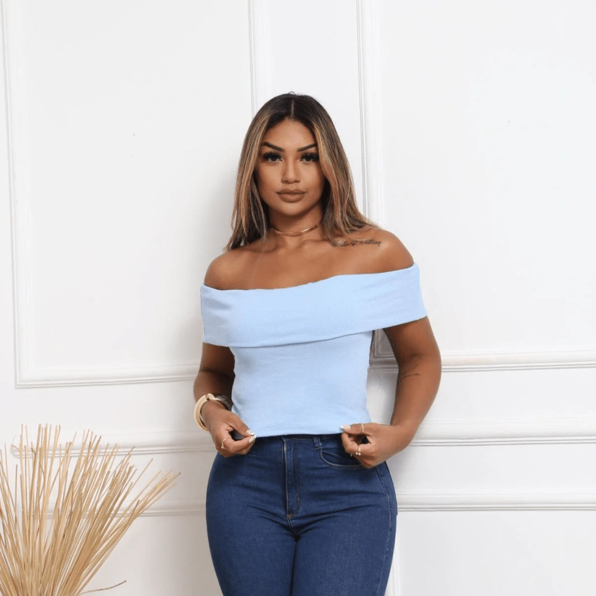 Women's Off-The-Shoulder Blouse T-Shirt With Shoulder Detail - Baby Blue - View 1