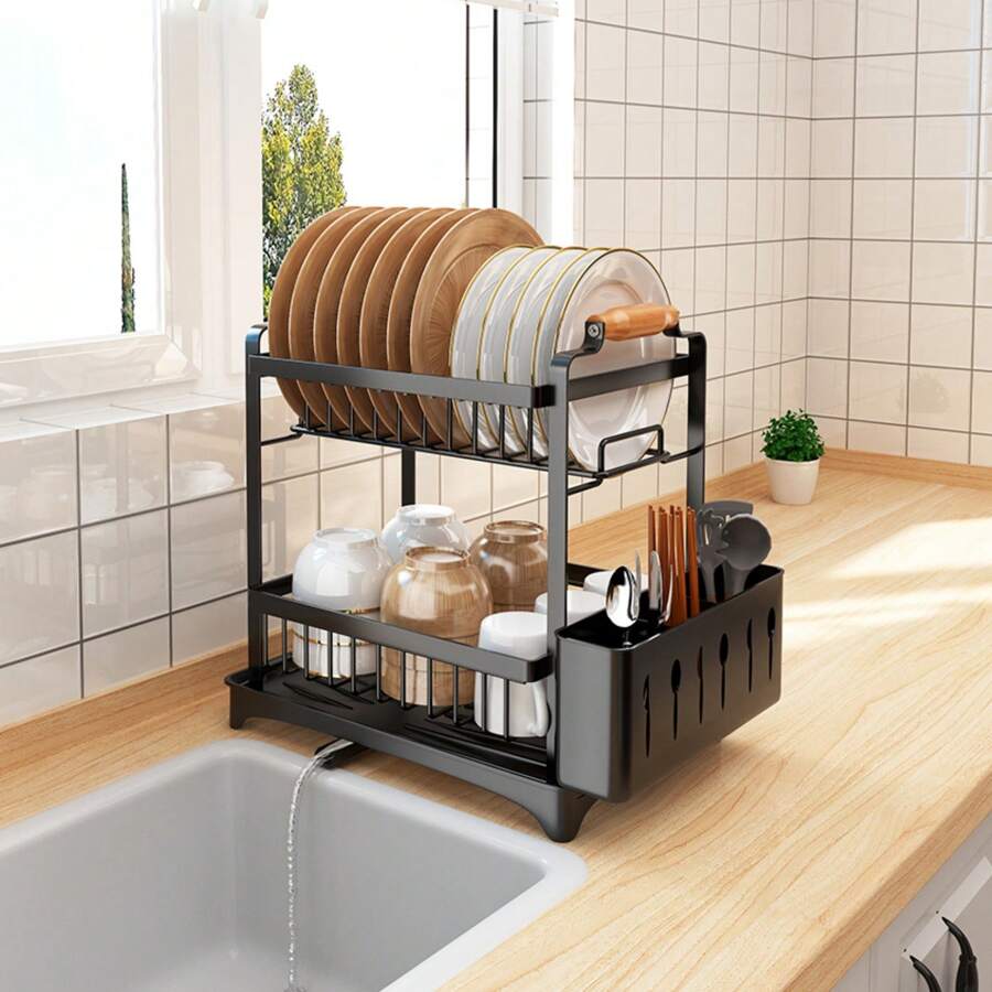 Draining Rack With 2 Levels And Removable Utensil Holder, Draining Rack For Space-Saving Sinks, Draining Rack For Kitchen Counter, Rust-Resistant Stainless Steel Dish Rack - 黑色 - 查看 1