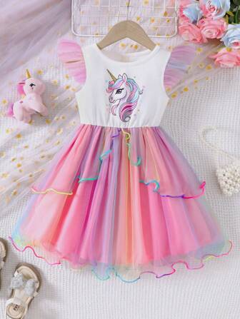 Unga flickor Tecknad Unicorn Cap ärm Gradient Färgglad Mesh Princess Klänning, söt sommarklänning